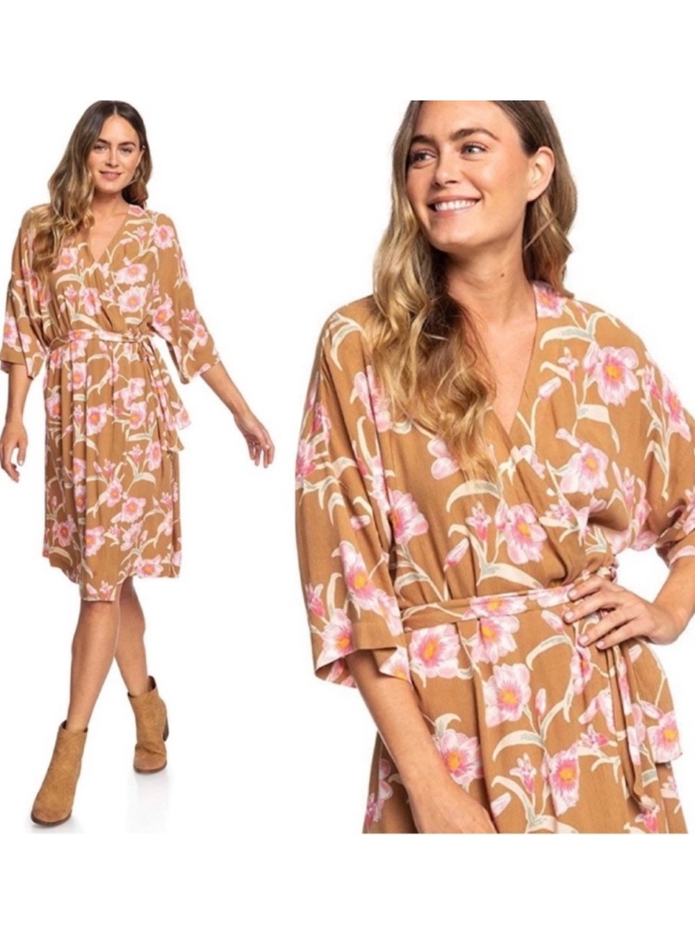 ROXY Privy Places Kimono Wrap Dress Sz Small Floral Print Robe Vacation Tropical